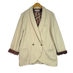 Free People Rowan Blazer M Beige Crinkle Cotton Boho‎ Shawl Collar Paisley Lined